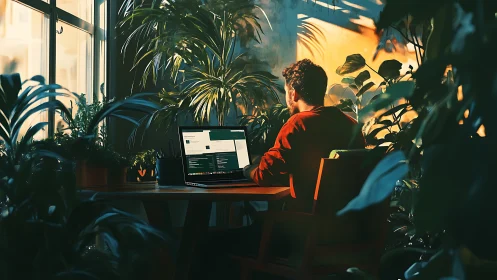 Remote worker surrounded by lush indoor plants at desk.