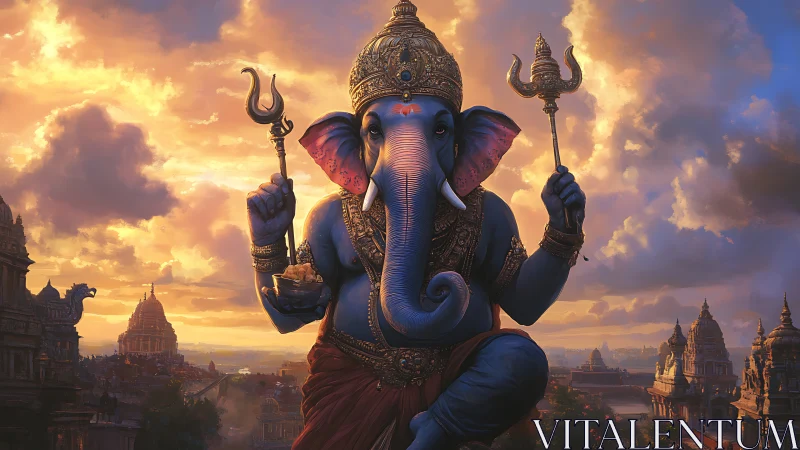 Radiant blue deity rises calmly above sunlit temple city