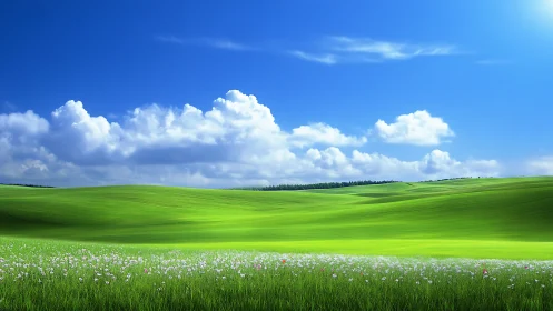 Photorealistic rolling meadow under expansive blue sky.