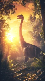 Sauropod dinosaur in volumetric sunset light within dense jungle