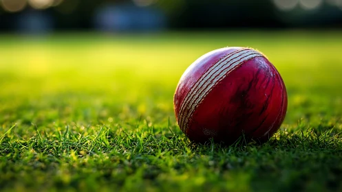 Red cricket ball glows on vivid green outfield at dusk.