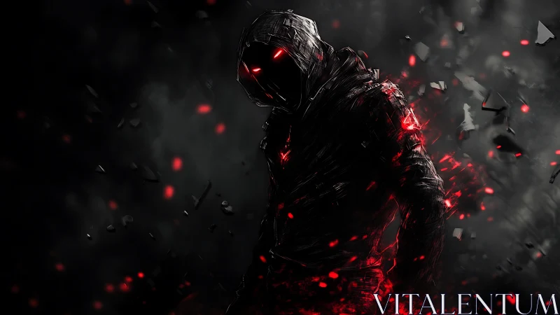 Hooded humanoid silhouette with red energy on dark field.