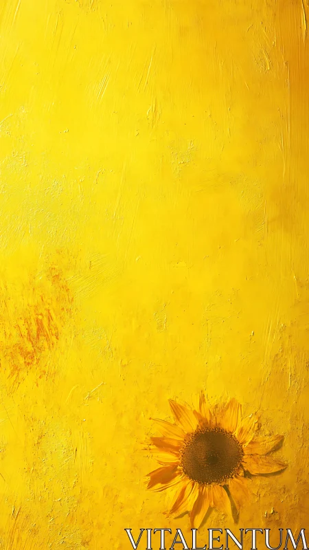 Single sunflower rests against textured yellow canvas