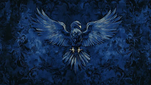 Majestic blue raven in flight on ornate dark background, digital art.
