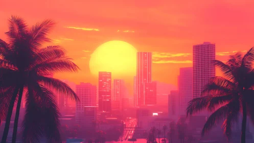 Digital city skyline with palm silhouettes under large sun