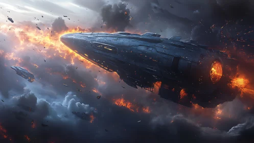 Starfaring dreadnought under thermal breach in nebular combat.