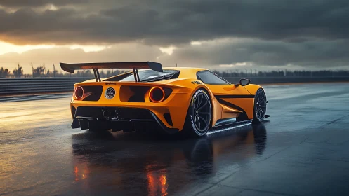 Orange track-ready supercar on wet racing circuit at dusk.