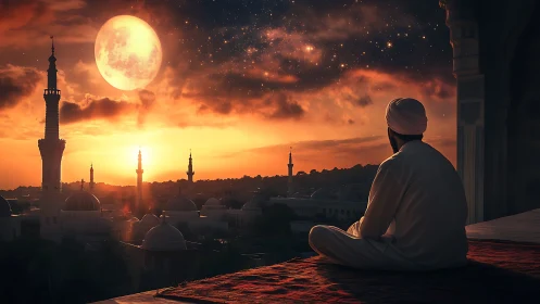 Solitary observer over illuminated mosque skyline at lunar dusk