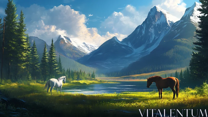 Mountain horses by alpine lake in luminous morning light.