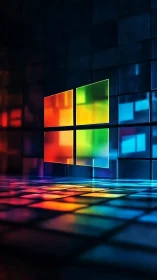 Glowing rainbow window floating in a luminous digital room.