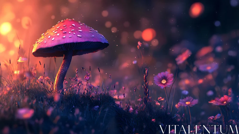 Digital painting of luminous mushroom in nocturnal meadowscape.