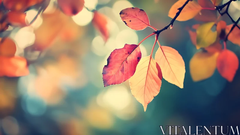 Autumn leaves with soft bokeh background in warm light.