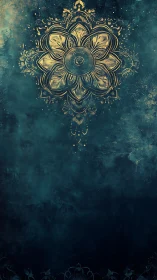 Ornate gold mandala emblem on distressed teal textured field