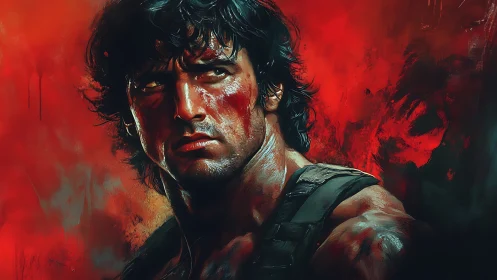 Battle-hardened warrior portrait in blazing crimson light.