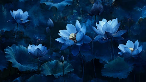 Blue lotus flowers illuminated in deep indigo pond water.