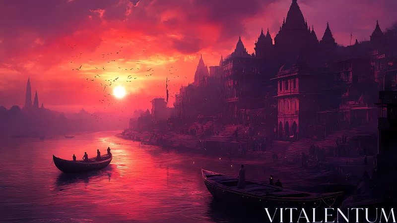 Crimson riverfront temples drinking the last light of dusk.