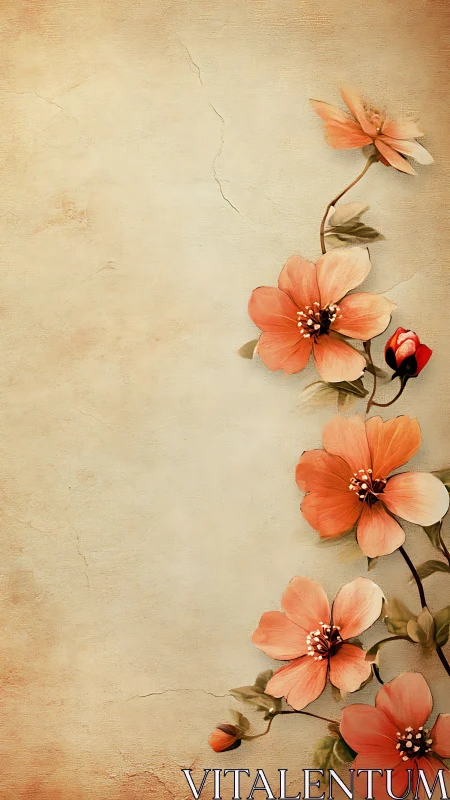 Soft coral blossoms curling along warm vintage paper.