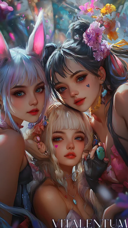 Radiant trio of magical friends sharing a colorful moment.