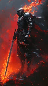 Flame-clad dark knight standing strong in glowing embers.