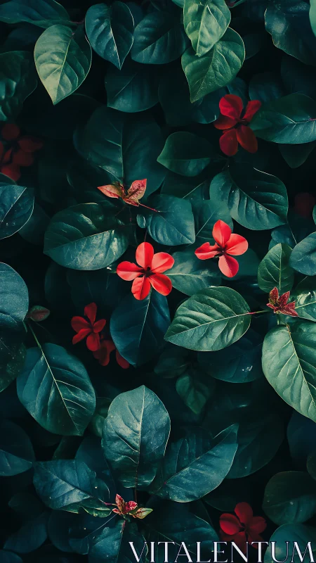Vibrant Red Flowers Against Deep Teal Foliage in Natural Botanical Composition