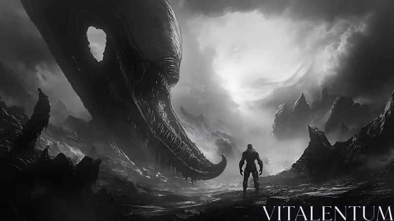Lone traveler meets colossal alien leviathan in misty abyss.