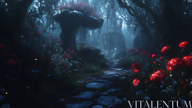Bioluminescent Forest Path with Luminous Mushrooms and Ancient Stone Archway.