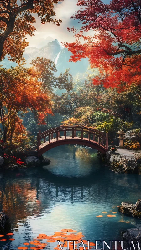 Red wooden bridge spans reflective pond in autumn garden