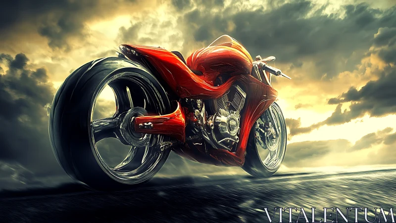 Streamlined red concept motorcycle on dramatic roadway sky.