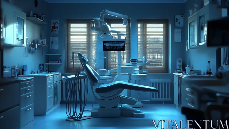 Modern blue-lit dental surgery room with empty chair.