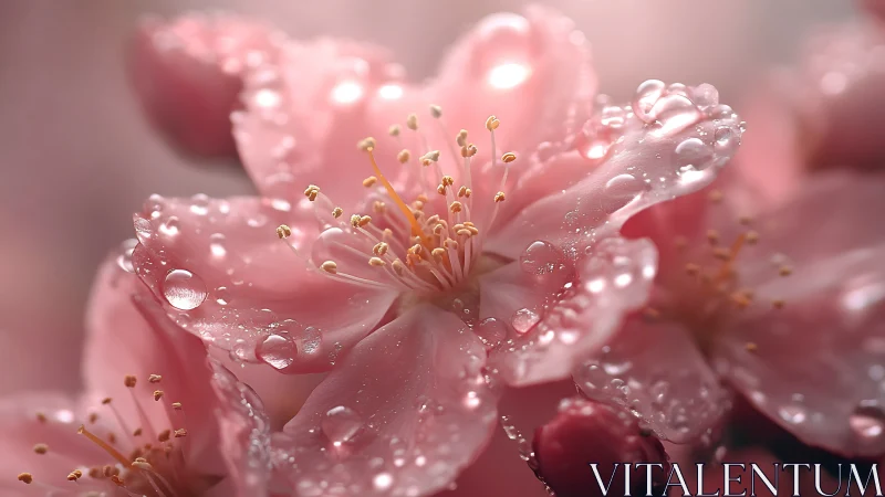 Pink Flower Petals with Morning Dew Droplets. Macro.