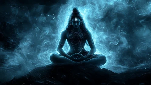 Luminescent seated deity in meditative lotus amid spectral mist