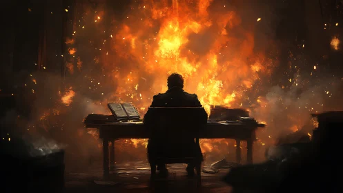 Pianist composing amid inferno of creative fire and chaos.