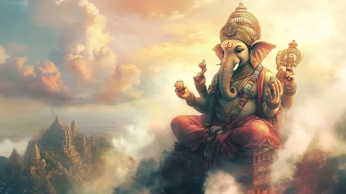 Skyborne elephant deity over mist-wrapped golden temples.