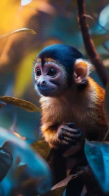 Photorealistic portrait of juvenile monkey in vivid jungle light.