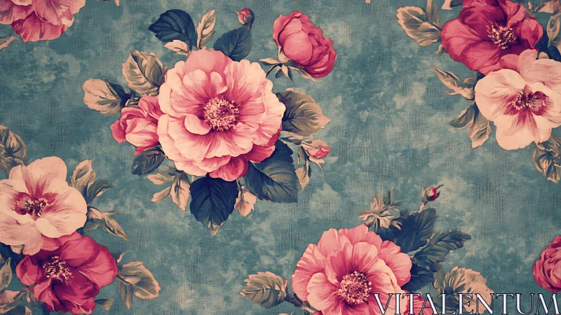 Vintage Floral Textile with Pink Roses on Teal Background.