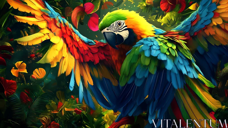 Vibrant Macaw in Lush Jungle, Colorful Digital Art Illustration.