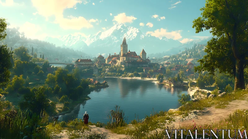 Sunlit lakeside village rests beneath towering snowy peaks