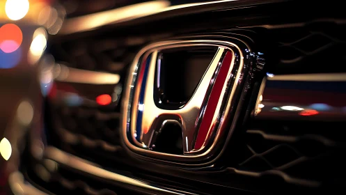 Chrome vehicle emblem is mounted on black grille at night