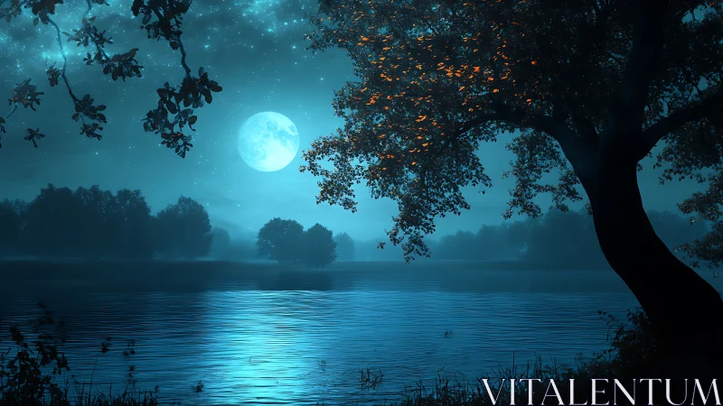 Moonlit lake hush under ember-tipped dreaming branches.