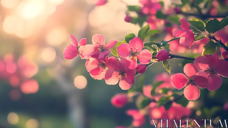 Pink Apple Blossoms with Soft-Focus Bokeh Background and Golden Hour Lighting