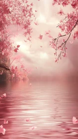 Dreamlike pink cherry blossoms drift above tranquil water.