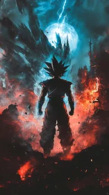 Silhouetted warrior under stormlit moon in fiery rift.