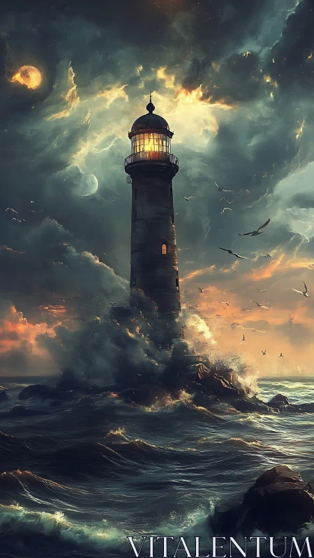 Storm-lashed stone lighthouse amid turbulent bioluminescent surf.