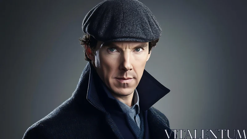 Sharp detective portrait in dark coat and flat cap.