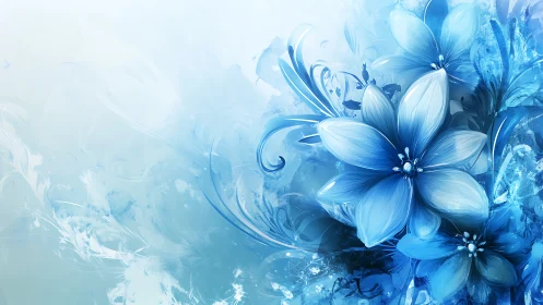 Blue Floral Digital Artwork with Ornamental Swirls.