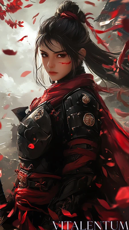 Scarlet petal ronin in stormlit black armor stands unbroken.