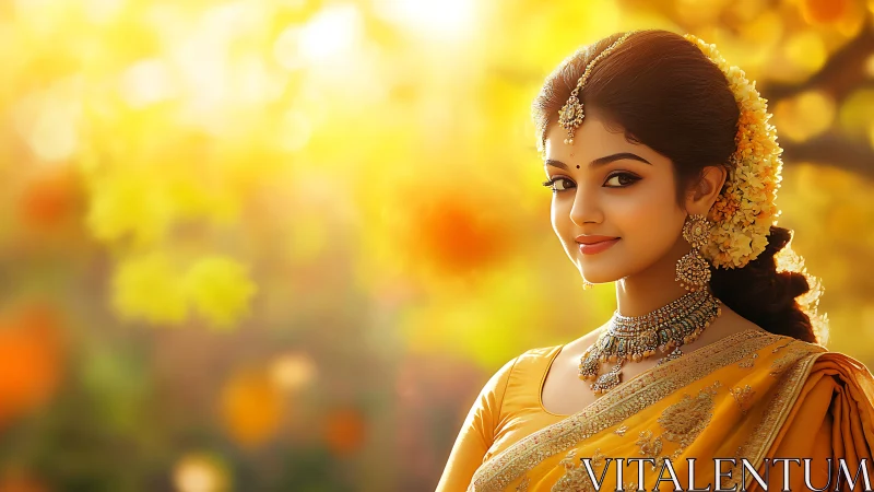 Golden portrait of elegant woman in traditional sari dress.