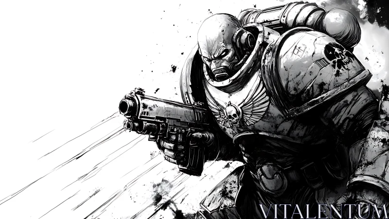 Grim fury marine charging through ink-splattered void.