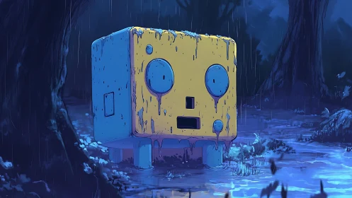 Dripping modular robot cube stranded in nocturnal swamp rain.