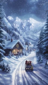 Snow-covered mountain village road with winter sleigh ride.